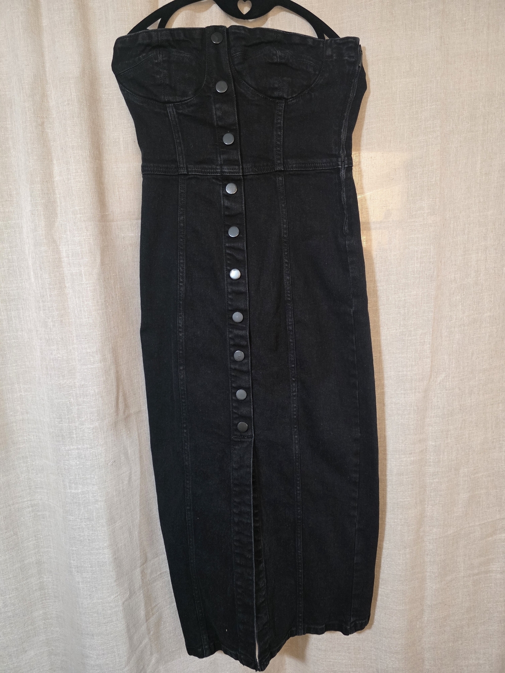 Strapless Black Denim Button-Front Midi Dress - Picture 2 of 2